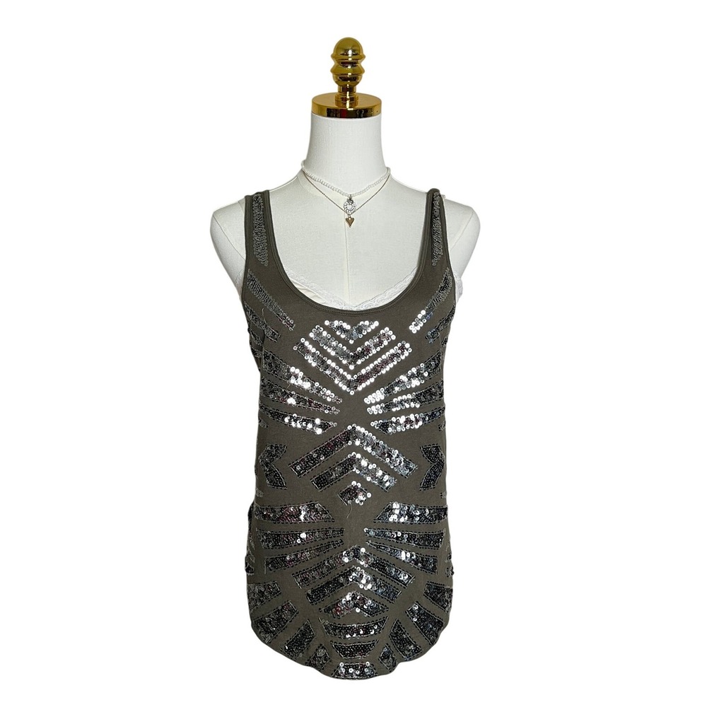 Express Olive Green Sequin Geometric Tank Top Scoop Neck Sleeveless Medium